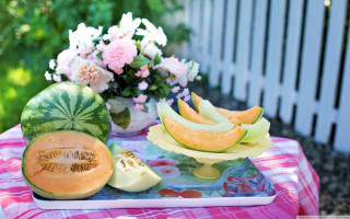 Table fruit melons flowers tablecloth - other fruit free wallpaper