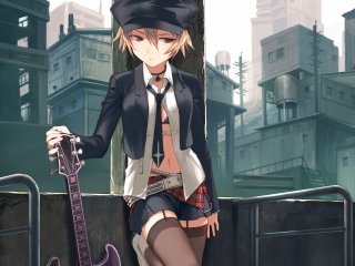 Woman short skirt jacket guitar - her hand and a city in the background free wallpaper