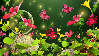 Green background flowers butterflies bubble - flower and butterflies free wallpaper for desktop