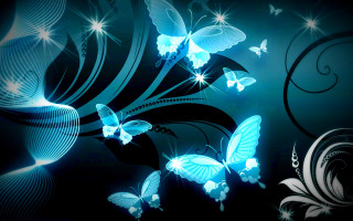 Blue background butterflies swirls black - digital art free wallpaper