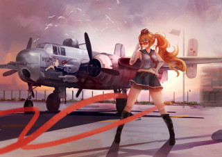 Girl short skirt plane red - a plane in the background free wallpaper for desktop