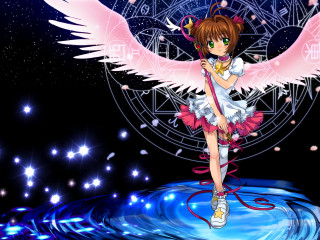 Anime girl wings pink dress - a circular background free wallpaper for desktop