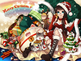 Woman santa hat christmas cats - a rainbow background free wallpaper