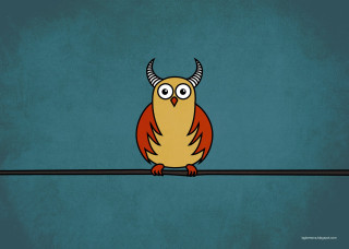 Cartoon horned bird sitting wire - a wire free wallpaper
