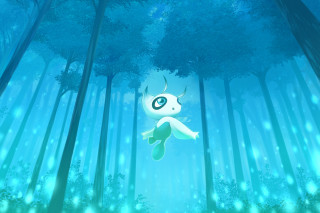 Cartoon character floating forest trees - blue sky in the background free wallpaper