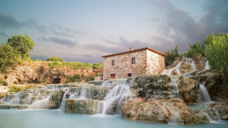 House waterfall river side waterfall - massurrealism free wallpaper