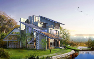 House lake bird flying sunny - cao zhibai free wallpaper