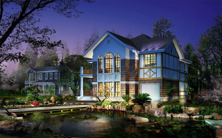 Large blue house pond nighttime - a pond in front free wallpaper