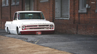 White truck brick building street - a door free wallpaper
