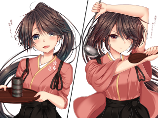 Girl hakama plates spoons kimono - her hand and another girl free wallpaper