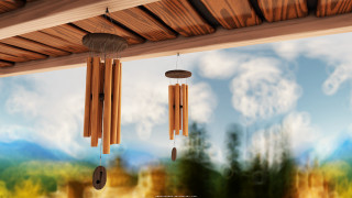 Wind chime wooden roof forest - cloud and mountains free wallpaper