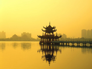 Pagoda water bridge city skyline - sunset free wallpaper