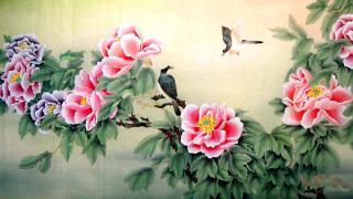 Flowers birds wall flying painting - ukiyoe free wallpaper for desktop