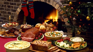 Table food fireplace christmas tree - a fireplace in the background free wallpaper