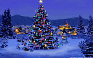 Christmas tree lights snow mountain - naive free wallpaper