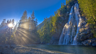Waterfall sunlight trees water scenery - a bright sun free wallpaper