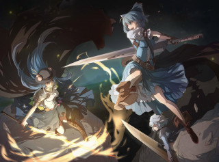 Anime fight swords demon background - their hand and a demon in the background free wallpaper
