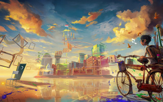 Man bike bird cityscape sunset - a man riding free wallpaper
