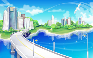Cartoon city bridge bird flying - chiho aoshima free wallpaper for desktop