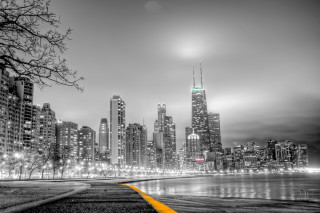 Black white city night yellow - photo of a city free wallpaper