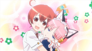 Red haired girl pink flower - a pink object free wallpaper