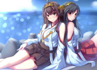 Anime girls sitting rock water - short skirt free wallpaper