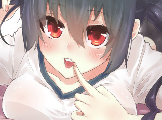 Girl black hair red eyes 2 - under her chin free wallpaper