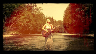 Woman dress guitar river trees - a red sky free wallpaper