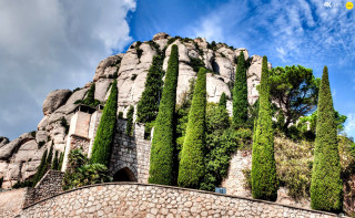 Stone wall trees blue sky - a stone wall free wallpaper for desktop
