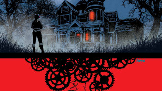 Man house clock red background - comic cover art free wallpaper