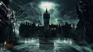 Castle clock tower forest night - full free wallpaper