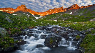 Stream green valley snowy mountains - the top of the mountains free wallpaper