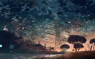 Sunset powerlines trees water city - a painting of a sunset free wallpaper