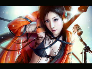 Woman headphones microphone background holding - a microphone and a microphone free wallpaper