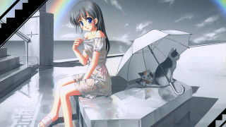 Woman sitting ledge umbrella cat - a rainbow in the sky free wallpaper