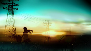 Woman field powerlines sunset silhouette - power free wallpaper
