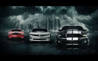 Three cars dark city rain - a city skyline in the background free wallpaper
