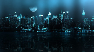 City skyline full moon water 5 - free neon wallpaper for desktop