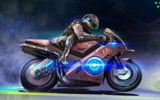 Motorcycle helmet glowing wheels futurism - a person riding free wallpaper