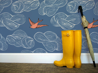 Yellow boots umbrella blue wall - a pair free wallpaper