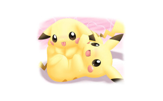 Pikachu couple lying white surface - a pink background behind them free wallpaper
