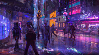 Futuristic city night walkers neon - concept design art free wallpaper for desktop