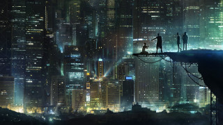 Cliff city night people standing - dystopian art free wallpaper