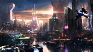 Futuristic city flying machine nightscape - a futuristic city in the background free wallpaper