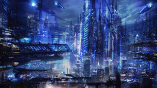Futuristic city tall buildings night 2 - cedric peyravernay free wallpaper for desktop