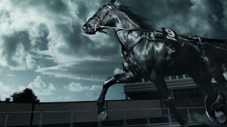 Horse galloping cloudy sky building - a horse free wallpaper for desktop