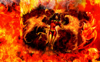 Woman red dress flames fire - comic cover art free wallpaper