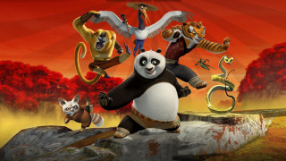 Panda riding rock with animals - a panda bear free wallpaper