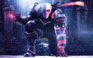 Ninja man sword dark room - a building in the background free wallpaper for desktop