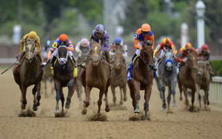 Jockeys horses race track trees - lyrical abstraction free wallpaper for desktop